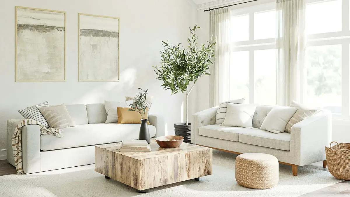 Bright living room with two cream sofas, a rustic wooden coffee table, a woven pouffe, an olive tree and large windows with sheer curtains